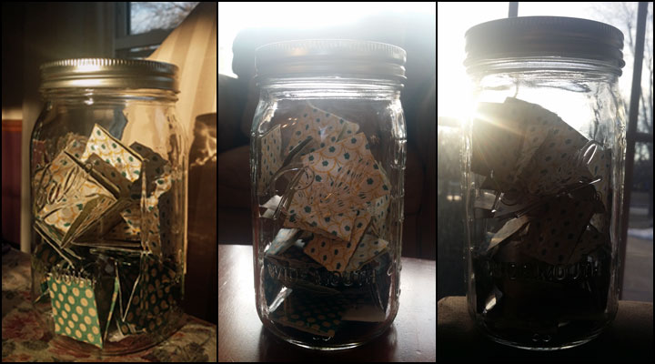 Three images of glass ball canning jar with colorful papers within shown, with sunlight streaming behind